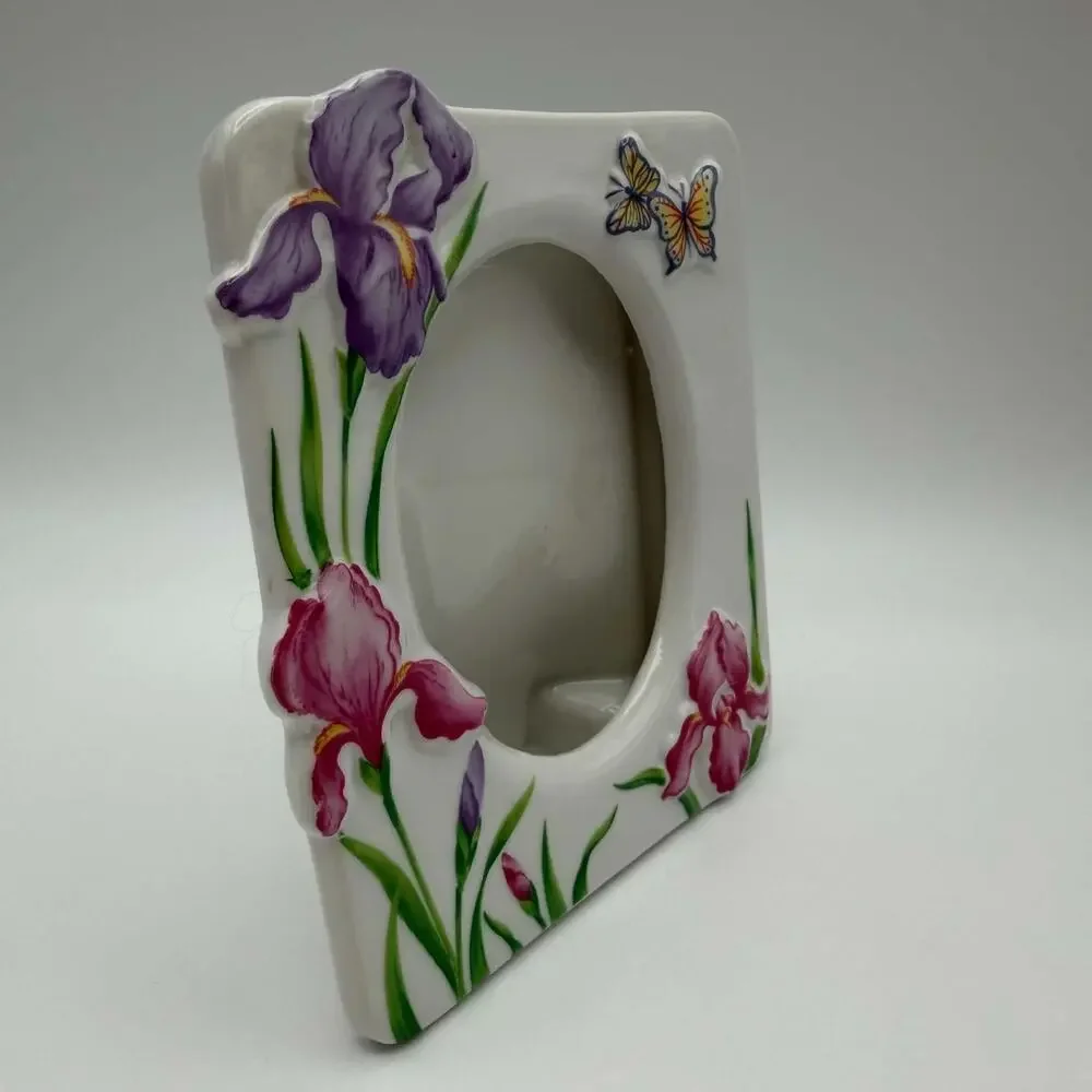 Vintage 3D Porcelain Tabletop Photo Frame Pink Purple Iris Flowers Butterflies